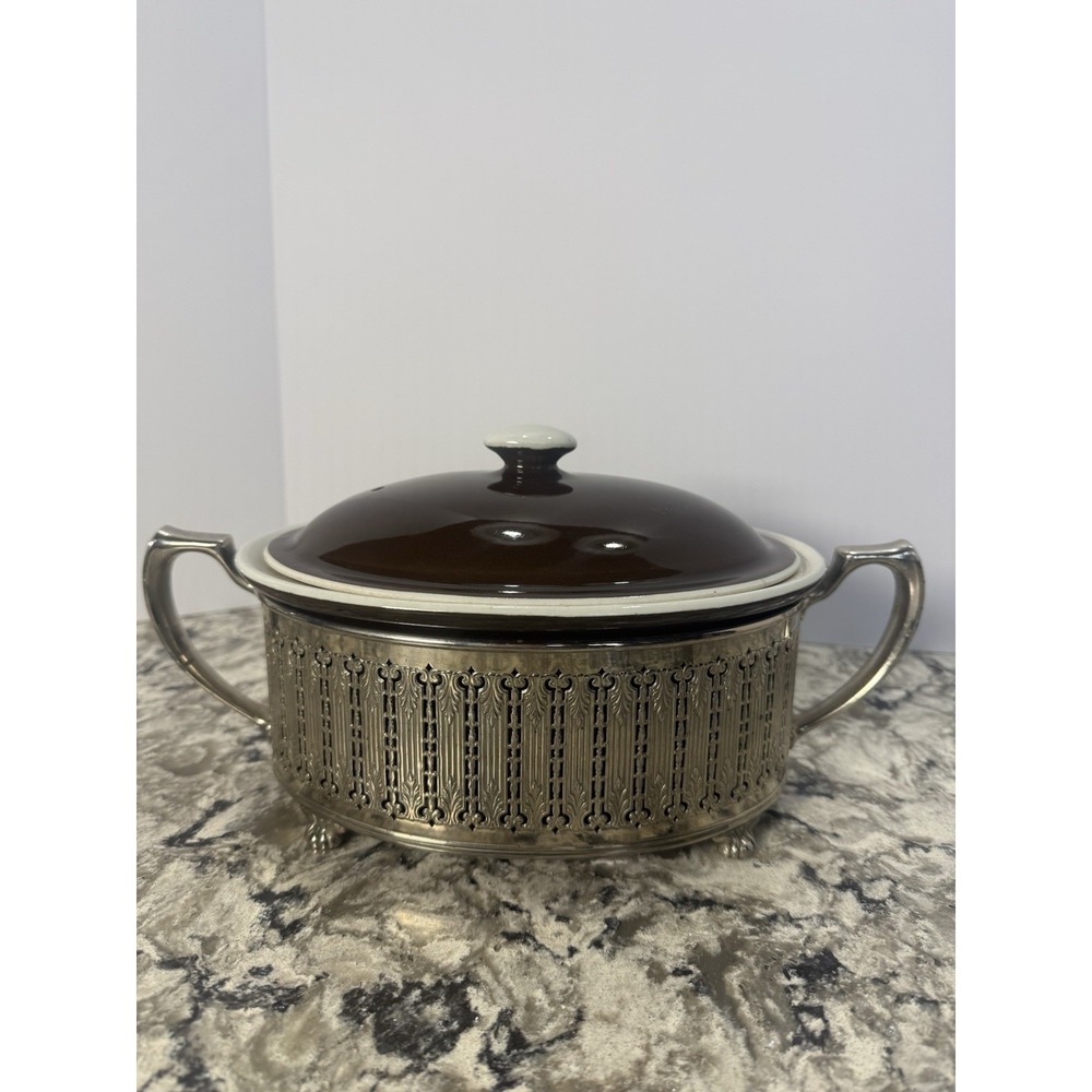 VTG Oval Casserole Dish & Metal Designed Footed Holder Collectible Server HALL